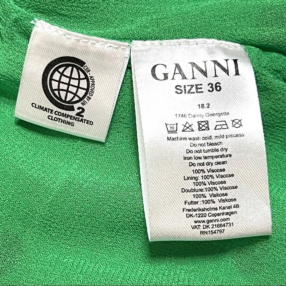 Ganni Dainty Georgette Green Polka Dot Bell Sleeve Wrap Top Women’s EU 36 - Picture 11 of 12